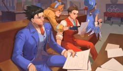 Rule 34 | 2boys, 2girls, ace attorney, ahoge, apollo justice, apollo justice: ace attorney, athena cykes, black eyes, black gloves, blue cape, blue eyes, blue headwear, blue neckwear, blue pants, blue suit, blue vest, boots, bracelet, brown hair, cape, desk, fey45611127, formal, gloves, hair slicked back, hat, highres, indoors, instrument, jacket, jewelry, knee boots, long hair, monitor, multiple boys, multiple girls, necktie, pants, paper, phoenix wright, phoenix wright: ace attorney - dual destinies, piano, pointing, red neckwear, red pants, red vest, short hair, side ponytail, sitting, smile, spiked hair, suit, trucy wright, upright piano, vest, white footwear, white gloves, yellow jacket