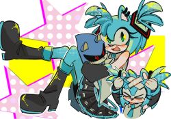 &gt;_&lt; 1boy 1girl amy_rose aqua_fur aqua_hair aqua_necktie bandaged_head bandages bare_shoulders black_footwear black_sclera black_skirt black_sleeves blush boots collared_shirt colored_sclera cosplay crossover crying detached_sleeves ear_piercing green_eyes grey_shirt hatsune_miku hatsune_miku_(cosplay) head_bump hedgehog_ears hedgehog_girl height_difference highres hug leg_up long_eyelashes looking_at_viewer medium_hair metal_sonic necktie open_mouth pain piercing pink_background pleated_skirt polka_dot polka_dot_background red_eyes robot shirt short_twintails sitting size_difference skirt sleeveless sleeveless_shirt smile sonic_(series) sparkling_eyes star_(symbol) starry_background tearing_up tongue tongue_out twintails vocaloid wince xue_gin yellow_background