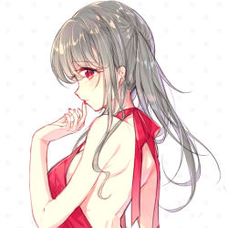 Rule 34 | 1girl, back, backless dress, backless outfit, bad id, bad pixiv id, bare arms, bare shoulders, blush, brown hair, dress, evening gown, finger to mouth, from behind, long hair, looking afar, looking away, looking back, lowres, nail polish, original, pf, profile, red dress, red eyes, red nails, red ribbon, ribbon, shoulder blades, simple background, solo, strap gap, upper body, white background