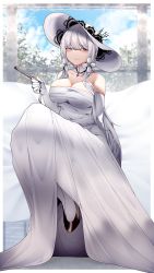 Rule 34 | 1girl, absurdres, azur lane, bare shoulders, black footwear, blue eyes, breasts, cleavage, commentary, detached collar, dress, elbow gloves, folded fan, folding fan, gloves, hand fan, highres, holding, illustrious (azur lane), long hair, looking at viewer, samip, shoes, smile, solo, strapless, strapless dress, white dress, white gloves, white hair, white headwear, white legwear