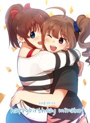 Rule 34 | 2girls, ahoge, blue eyes, blush, bow, bra strap, brown hair, dated, drill hair, hair bow, happy birthday, hug, idolmaster, idolmaster million live!, kamille (vcx68), long sleeves, looking at another, looking at viewer, multiple girls, one eye closed, open mouth, purple eyes, red bow, satake minako, short hair, short ponytail, short sleeves, side drill, side ponytail, smile, yokoyama nao