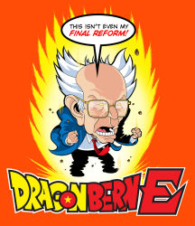 Rule 34 | 1boy, artist request, aura, bald spot, bernie sanders, black pants, blue jacket, brand name imitation, character name, clenched hands, collared shirt, copyright name, crossover, crybringer, dragon ball, dragonball z, english text, full body, glasses, jacket, jason robinson (illustration by design), male focus, meme, necktie, old, old man, open mouth, orange background, pants, parody, politician, pun, real life, red necktie, rock, shirt, simple background, solo, speech bubble, squatting, standing, super saiyan, white hair, white shirt