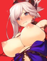 Rule 34 | 1girl, bare shoulders, blonde hair, blue eyes, blush, breasts, closed mouth, earrings, embarrassed, fate/grand order, fate (series), frills, from below, hair ornament, japanese clothes, jewelry, kimono, kurowa, large breasts, long hair, miyamoto musashi (fate), nipples, ponytail, red background, simple background, solo, twitter username