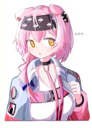 Rule 34 | ..., 1girl, absurdres, animal ears, arknights, black hairband, blue bow, blush, bow, braid, breasts, cat ears, goldenglow (arknights), grey jacket, hair bow, hair over shoulder, hairband, hand up, highres, jacket, lightning bolt print, long sleeves, open clothes, open jacket, orange eyes, parted lips, print hairband, puffy long sleeves, puffy sleeves, shirt, simple background, single braid, small breasts, solo, spam (spamham4506), sweat, sweatdrop, white background, white shirt
