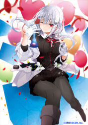 Rule 34 | 1girl, balloon, black cardigan, black footwear, black pantyhose, black skirt, blurry, cardigan, commentary request, confetti, copyright name, depth of field, gloves, hair ornament, hairpin, hakase fuyuki, hakase fuyuki (1st costume), hand up, heart balloon, highres, holding, holding test tube, jacket, long sleeves, looking at viewer, low twintails, neck ribbon, nijisanji, one eye closed, pantyhose, rectangle, red eyes, red ribbon, ribbon, shirt, simple background, sitting, sitting on object, skirt, snowflake print, solo, test tube, twintails, vane (vane0), virtual youtuber, white background, white gloves, white hair, white jacket, white shirt