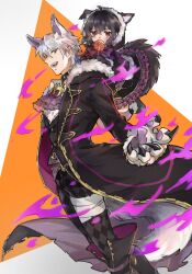 Rule 34 | 1boy, 1girl, ahoge, alternate costume, animal ears, animal hands, black choker, black dress, black hair, black pants, black robe, blush, candy, choker, corruption, dress, eyes of grima, family, fangs, father and daughter, fire emblem, fire emblem awakening, fire emblem heroes, food, fur trim, gloves, hair between eyes, halloween costume, highres, holding, holding candy, holding food, holding lollipop, hood, hood down, hooded coat, lollipop, looking at viewer, morgan (female) (fire emblem), morgan (fire emblem), nintendo, official alternate costume, open clothes, open mouth, open robe, pants, paw gloves, pointy ears, possessed, queqiansuzume, red eyes, robe, robin (fire emblem), robin (male) (fire emblem), robin (male) (halloween) (fire emblem), short hair, simple background, smile, tail, white hair, wolf ears, wolf tail