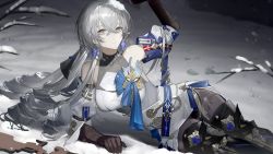 Rule 34 | 1girl, boots, bronya rand, closed mouth, curly hair, detached sleeves, dress, earrings, frown, gloves, grey background, grey eyes, grey hair, grey theme, hair ribbon, highres, honkai: star rail, honkai (series), jewelry, long hair, lying, on side, pantyhose, ribbon, shui ran moon, sleeveless, sleeveless dress, solo, thigh boots