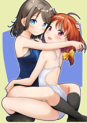 Rule 34 | 2girls, arms around neck, back, black socks, blue background, blue eyes, blue one-piece swimsuit, blush, bow, braid, breast press, breasts, clover hair ornament, commission, competition swimsuit, from side, green background, grey hair, hair ornament, hand on another&#039;s head, highres, hug, kneehighs, looking at viewer, love live!, love live! sunshine!!, medium breasts, miyuki (yxbt7), multiple girls, one-piece swimsuit, open mouth, orange hair, parted bangs, pixiv commission, red eyes, ribbon, school swimsuit, short hair, side braid, sitting, small breasts, smile, socks, swept bangs, swimsuit, takami chika, thighs, watanabe you, white one-piece swimsuit, yellow bow, yellow ribbon, yuri