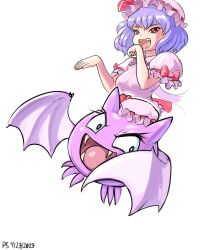 Rule 34 | 1girl, absurdres, bat (animal), commentary, dated, english commentary, fangs, hat, hat ribbon, highres, mob cap, pink hat, profitshame, purple hair, red eyes, red ribbon, remilia scarlet, ribbon, short hair, signature, simple background, solo, touhou, white background