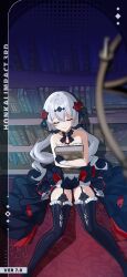 Rule 34 | 1girl, bare shoulders, black gloves, black hair, black thighhighs, book, bookshelf, chinese commentary, closed eyes, closed mouth, collarbone, english text, flower, gloves, hair flower, hair ornament, highres, holding, holding book, honkai (series), honkai impact 3rd, long hair, theresa apocalypse (luna kindred), official art, official wallpaper, on floor, red flower, red rose, rose, smile, solo, theresa apocalypse, theresa apocalypse (luna kindred), thighhighs, twintails, white hair