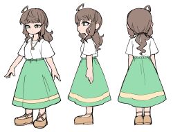 Rule 34 | 1boy, a.i. voice, ahoge, brown hair, character sheet, full body, fun bo, green eyes, green skirt, highres, jewelry, kurita maron, long hair, long skirt, low ponytail, multiple views, necklace, niconico, official alternate costume, official art, shirt, short sleeves, simple background, skirt, standing, t-shirt, thick eyebrows, trap, white background, white shirt, yellow footwear