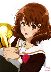 Rule 34 | 1girl, :d, absurdres, blush, book, brown hair, collarbone, euphonium, hair ornament, hairclip, hibike! euphonium, highres, holding, holding book, holding instrument, instrument, looking at viewer, medium hair, mouthpiece, newtype, notebook, official art, open mouth, oumae kumiko, school uniform, short hair, simple background, smile, solo, white background, yellow eyes