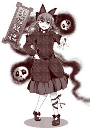 Rule 34 | 0-den, 1girl, absurdres, animal ears, blunt bangs, bow, braid, cat ears, character name, crossed legs, dress, extra ears, fangs, fangs out, floating skull, footwear bow, full body, glowing, glowing eyes, halftone, hand on own hip, head tilt, highres, kaenbyou rin, leg ribbon, looking at viewer, monochrome, open hand, outstretched arm, pov, ribbon, shoes, short dress, slit pupils, smile, solo, touhou, translated, twin braids, twintails
