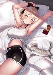Rule 34 | 1girl, armpits, arms up, black bra, black shorts, blonde hair, blush, bra, breasts, cat, character request, closed eyes, closed mouth, collarbone, commentary request, copyright request, hair ornament, large breasts, navel, paw print, paw print pattern, pillow, shirosaba, shirt, shorts, sleeveless, stretching, thighs, underwear, white shirt