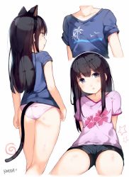 Rule 34 | 10s, 1girl, aged down, animal ears, artist name, ass, black hair, blue shirt, breasts, cat ears, cat tail, collarbone, from behind, kimoshi, koe no katachi, leaning back, long hair, looking at viewer, multiple views, no pants, palm tree, panties, pink panties, pink shirt, purple eyes, shirt, short shorts, shorts, simple background, sitting, small breasts, standing, t-shirt, tail, tree, ueno naoka, underwear, white background