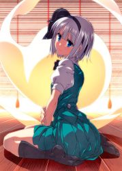 Rule 34 | 1girl, backlighting, between legs, black bow, black bowtie, black socks, blue eyes, blue skirt, bow, bowtie, closed mouth, colored eyelashes, expressionless, from side, full body, hair bow, hand between legs, hand on own arm, highres, kneehighs, konpaku youmu, konpaku youmu (ghost), looking at viewer, no shoes, pleated skirt, puffy short sleeves, puffy sleeves, sazanami mio, shadow, shirt, short hair, short sleeves, sitting, skirt, skirt set, socks, solo, touhou, wariza, white hair, white shirt, wooden floor