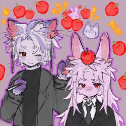 Rule 34 | 2boys, animal ear piercing, animal ears, apple, apple on head, black jacket, black necktie, black shirt, cat boy, cat ears, chinese commentary, cigarette, closed mouth, collared shirt, commentary request, daixiaoduo17769, food, fruit, furrification, furry, furry male, hatsutori hajime, holding, holding cigarette, jacket, long hair, long sleeves, male focus, multiple boys, necktie, one eye closed, open clothes, open jacket, parted bangs, pink fur, purple background, purple fur, rabbit boy, rabbit ears, red eyes, saibou shinkyoku, shirt, short hair, smile, theodore riddle, upper body, whiskers, white shirt