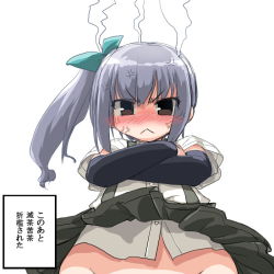 Rule 34 | &gt;:&lt;, 10s, 1girl, :&lt;, anger vein, blush, bottomless, bow, brown eyes, closed mouth, dd (ijigendd), from below, groin, hair bow, kantai collection, kasumi (kancolle), long hair, looking at viewer, looking down, meme, no panties, out-of-frame censoring, side ponytail, silver hair, skirt, solo, they had lots of sex afterwards (meme), translation request, tsurime, v-shaped eyebrows