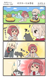 Rule 34 | 3girls, 4koma, :d, ^^^, animal, animal on lap, ark royal (kancolle), bismarck (kancolle), black skirt, blonde hair, camera, capelet, cat, comic, commentary request, flying sweatdrops, graf zeppelin (kancolle), grey legwear, hair between eyes, hairband, highres, holding, holding camera, kantai collection, long hair, long sleeves, megahiyo, military, military uniform, multiple girls, no headwear, no headwear, on lap, open mouth, pleated skirt, rabbit, red hair, saucer, short hair, sidelocks, sitting, skirt, smile, sparkle, speech bubble, thighhighs, tiara, translation request, twintails, twitter username, uniform, unsinkable sam