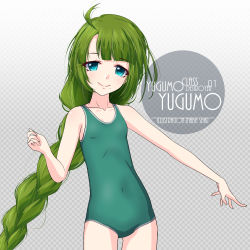 Rule 34 | 1girl, ahoge, alternate breast size, artist name, blue eyes, blush, braid, character name, checkered background, collarbone, commentary request, cowboy shot, eyes visible through hair, flat chest, green hair, green one-piece swimsuit, inaba shiki, kantai collection, long hair, looking at viewer, mole, mole under mouth, new school swimsuit, one-hour drawing challenge, one-piece swimsuit, school swimsuit, school uniform, simple background, single braid, smile, solo, standing, swimsuit, very long hair, yuugumo (kancolle)