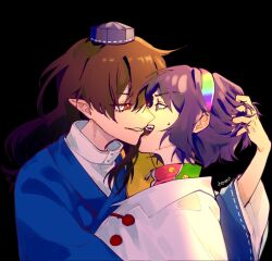 Rule 34 | 2girls, black background, blue hat, blue shirt, brown hair, cape, commentary, english commentary, eye contact, face-to-face, from side, grabbing another&#039;s hair, grin, hairband, hat, highres, iizunamaru megumu, imminent kiss, kimon 102, long hair, long sleeves, looking at another, multicolored hairband, multiple girls, open mouth, pointy ears, purple hair, rainbow gradient, red eyes, shirt, short hair, simple background, smile, sweatdrop, tenkyuu chimata, touhou, upper body, white cape, yuri