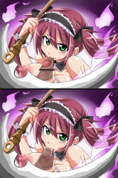 Rule 34 | 00s, :&gt;=, airi (queen&#039;s blade), biting, breasts, censored, fellatio, fire, foreskin, foreskin biting, green eyes, highres, kobayashi tetsuya, large breasts, maid, maid headdress, nipples, oral, paizuri, penis, pov, queen&#039;s blade, red hair, scythe, seiki kyushu, smile, twintails, weapon