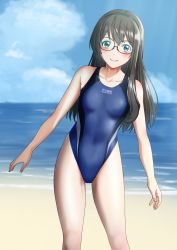 Rule 34 | 1girl, beach, black hair, blue one-piece swimsuit, blue sky, breasts, cloud, cloudy sky, collarbone, competition school swimsuit, covered navel, cowboy shot, day, glasses, green eyes, hairband, highres, kantai collection, long hair, mikan 29344886, navel, ocean, one-piece swimsuit, ooyodo (kancolle), outdoors, sand, school swimsuit, semi-rimless eyewear, sky, small breasts, solo, swimsuit, under-rim eyewear, water