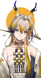 Rule 34 | 1girl, absurdres, arknights, bare shoulders, blonde hair, breasts, closed mouth, colored tips, commentary request, dragon girl, dragon horns, earrings, grey eyes, grey hair, hair between eyes, hair intakes, harukan tiusu, highres, horns, jewelry, long hair, looking at viewer, multicolored hair, off shoulder, orange background, pointy ears, purple hair, purple horns, shirt, shu (arknights), signature, small breasts, smile, solo, strapless, strapless shirt, tassel, tassel earrings, upper body, white background, white shirt, yellow horns