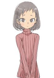 Rule 34 | 1girl, absurdres, blush, closed mouth, commentary request, grey eyes, grey hair, highres, long sleeves, looking at viewer, original, red sweater, ribbed sweater, short hair, simple background, solo, sweater, upper body, v arms, white background, yamamoto souichirou