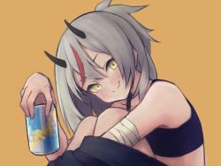 Rule 34 | 1girl, bandages, beige background, blush, brown background, can, closed mouth, grey hair, hair between eyes, holding, holding can, horns, looking at viewer, morikokko, multicolored hair, oni, oni horns, oniko, ponytail, red hair, simple background, sitting, smile, solo, streaked hair, tamasa yamoto, two-tone hair, virtual youtuber, yellow eyes
