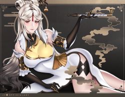 Rule 34 | 1girl, bare shoulders, breasts, brown gloves, china dress, chinese clothes, closed mouth, dress, elbow gloves, genshin impact, gloves, hair ornament, highres, holding, holding smoking pipe, jv, kiseru, lipstick, long hair, looking at viewer, makeup, ningguang (genshin impact), red eyes, sleeveless, sleeveless dress, smile, smoking pipe, solo, white dress, white hair