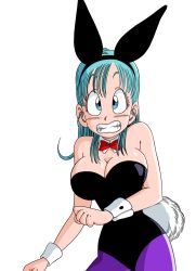 Rule 34 | 1girl, animal ears, aqua hair, bare arms, bare shoulders, black leotard, blue eyes, blush, bow, bowtie, breasts, bulma, cleavage, clenched hands, clenched teeth, cowboy shot, detached collar, dragon ball, dragon ball (classic), fake animal ears, fake tail, female focus, groin, hand up, large breasts, legs, leotard, long hair, looking at viewer, nervous, pantyhose, playboy bunny, purple pantyhose, rabbit ears, rabbit tail, red bow, red bowtie, scared, solo, standing, strapless, strapless leotard, sweat, tail, teeth, thighs, transparent background, wrist cuffs, yamamoto doujin