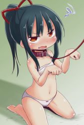 Rule 34 | 1girl, animal collar, bare arms, bare legs, bare shoulders, barefoot, bdsm, blush, bow, bow panties, brown collar, brown eyes, budget sarashi, bushidou (sekaiju), child, collar, collarbone, commentary request, etrian odyssey, fang, green background, green hair, hair ribbon, hands up, high ponytail, kneeling, leash, looking at viewer, naga u, navel, nose blush, open mouth, panties, parted bangs, paw pose, pet play, ponytail, red ribbon, ribbon, sarashi, slave, solo, squiggle, sweat, underwear, underwear only, wavy mouth, white panties