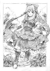 Rule 34 | 1girl, arm ribbon, boots, bow, breasts, cross-laced footwear, female focus, frills, front ponytail, greyscale, hair bow, hair ornament, hair ribbon, kagiyama hina, leaf, long hair, monochrome, ribbon, short sleeves, skirt hold, smile, solo, standing, touhou, vent arbre