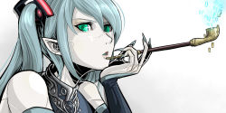 Rule 34 | 1girl, a-type corporation, android, aqua hair, fingernails, green eyes, hatsune miku, holding, holding smoking pipe, kiseru, open mouth, pointy ears, portrait, sharp fingernails, smoking pipe, solo, twintails, vocaloid