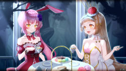 Rule 34 | 2girls, :d, animal ears, bare arms, bare shoulders, blurry, blurry foreground, blush, braid, breasts, brown hair, character request, cleavage, closed mouth, collarbone, commentary request, cup, dairoku ryouhei, depth of field, detached sleeves, dress, facial mark, food, frilled dress, frills, fur-trimmed headwear, fur trim, hat, highres, holding, holding cup, long hair, macaron, medium breasts, mini hat, multiple girls, open mouth, pink hair, puffy short sleeves, puffy sleeves, rabbit ears, red dress, red headwear, red sleeves, saucer, segawa luna, short sleeves, side ponytail, smile, strapless, strapless dress, table, teacup, tiered tray, tilted headwear, very long hair, white dress, window, wrist cuffs, yellow eyes