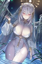 Rule 34 | 1girl, absurdres, bare shoulders, breasts, cleavage, collar, covered navel, cross, detached sleeves, dress, full moon, halo, hand up, highres, large breasts, long hair, long sleeves, looking at viewer, mendou kusai, moon, no panties, novel illustration, official art, original, parted lips, pelvic curtain, puffy sleeves, red eyes, ripples, see-through, see-through sleeves, solo, standing, strapless, strapless dress, thighs, veil, very long hair, wading, water, waterfall, wet, white dress, white hair