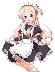 Rule 34 | 10s, 1girl, :d, apron, blonde hair, blue eyes, bow, bowtie, curtsey, frilled apron, frills, highres, hiiragi mayuki, hinako note, long hair, looking at viewer, maid, maid headdress, open mouth, ruu (tksymkw), simple background, skirt hold, smile, solo, two side up, waist apron, white background