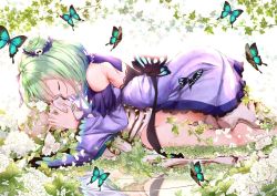 Rule 34 | 1girl, barefoot, bug, butterfly, closed eyes, detached sleeves, double bun, dress, flower, frilled dress, frills, gradient hair, green hair, hair bun, hair ornament, hololive, insect, multicolored hair, plant, reflection, ribbon, ripples, skeleton, skull hair ornament, smile, solo, uruha rushia, uruha rushia (1st costume), virtual youtuber, yukishiro arte