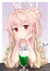 Rule 34 | 1girl, ahoge, blue archive, blush, collarbone, cream soda, cup, drink, drinking, drinking glass, drinking straw, hair between eyes, halo, highres, jacket, long hair, matsu520, natsu (band) (blue archive), natsu (blue archive), official alternate costume, open clothes, open jacket, pink hair, pink halo, red eyes, shirt, sleeves past elbows, solo, white shirt, yellow jacket
