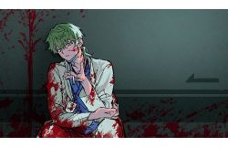 Rule 34 | 1boy, blood, blood on clothes, blood on face, blood on wall, blue shirt, cigarette, doctor, green eyes, green hair, gujo999, highres, holding, holding cigarette, id card, kimi ga shine, letterboxed, looking down, low ponytail, male focus, mask, mask pull, midori (kimi ga shine), mouth mask, parted lips, shirt, short hair, sitting, solo