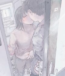 Rule 34 | 1boy, 1girl, blush, book, breasts, brother and sister, brown hair, cabinet, carpet, collar, collarbone, curtains, door, fingernails, hatching (texture), highres, incest, kiss, light particles, light rays, long hair, mohato official, navel, opening door, original, pants, plump, shoes, siblings, small breasts, stomach, sweatpants, table, window, wooden floor