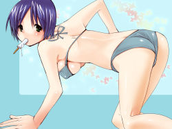 Rule 34 | 1girl, all fours, ass, bikini, breasts, food, green eyes, jakou nezumi, large breasts, mouth hold, popsicle, purple hair, short hair, solo, swimsuit, underboob