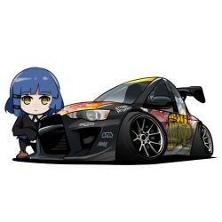 Rule 34 | 1girl, absurdres, black jacket, black pants, blue hair, bocchi the rock!, brown footwear, car, collared shirt, commentary, english commentary, expressionless, highres, holeecrab, itasha, jacket, kita ikuyo, looking at viewer, mitsubishi lancer evolution, mitsubishi motors, mole, mole under eye, motor vehicle, need for speed, need for speed: prostreet, pants, shadow, shirt, shoes, simple background, spoiler (automobile), stance (vehicle), vehicle focus, white background, white shirt, yamada ryo, yellow eyes