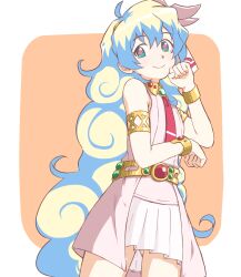 Rule 34 | 1girl, armlet, bare shoulders, cross-shaped pupils, curly hair, dress, flower, hair flower, hair ornament, highres, jewelry, looking at viewer, multicolored hair, necklace, nia teppelin, ohaduke, smile, solo, symbol-shaped pupils, tengen toppa gurren lagann