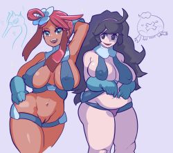 Rule 34 | 2girls, absurdres, arms up, breasts, cleavage, covered erect nipples, creatures (company), curvy, dark-skinned female, dark skin, drifblim, game freak, gen 4 pokemon, gen 5 pokemon, gloves, grey background, gym leader, hair ornament, hairband, hand on own hip, hex maniac (pokemon), highres, hip focus, large breasts, long hair, multiple girls, navel, nintendo, no bra, no panties, npc trainer, open mouth, pale skin, plump, pokemon, pokemon (creature), pokemon bw, pokemon bw2, pokemon xy, poopderp, purple hair, pussy, red hair, simple background, skyla (pokemon), smile, sparkle, stomach, suspenders, swanna, sweat, symbol-shaped pupils, thick thighs, thighs, uncensored, wide hips
