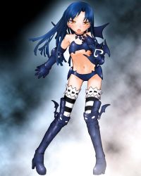 Rule 34 | 1girl, bat wings, blue hair, boots, brown eyes, cosplay, female focus, flat chest, frilled thighhighs, frills, full body, gloves, gothic lolita, highres, idolmaster, idolmaster (classic), idolmaster 1, kakashichi, kisaragi chihaya, lolita fashion, long hair, navel, nightmare blood, panties, solo, striped clothes, striped thighhighs, thighhighs, underwear, wings