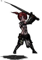Rule 34 | 1girl, armor, armored boots, artist request, belt buckle, belt pouch, boots, breastplate, breasts, buckle, couter, cross, crusader (darkest dungeon), darkest dungeon, elbow pads, faulds, female knight, fighting stance, full body, genderswap, gloves, greaves, high ponytail, holding, holding sword, holding weapon, knight, longsword, open mouth, pauldrons, pelvic curtain, plate armor, pointy ears, pouch, red eyes, red hair, sabaton, shoulder armor, small breasts, solo, standing, strap, sword, transparent background, vambraces, video game, weapon