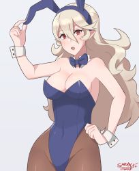 Rule 34 | 1girl, animal ears, bad id, bad twitter id, breasts, cleavage, corrin (female) (fire emblem), corrin (fire emblem), detached collar, fake animal ears, fire emblem, fire emblem fates, fishnet pantyhose, fishnets, hair between eyes, hair ornament, hairband, highres, large breasts, leotard, long hair, looking at viewer, nintendo, pantyhose, playboy bunny, pointy ears, rabbit ears, rabbit tail, red eyes, sarukaiwolf, silver hair, simple background, solo, tail, wrist cuffs
