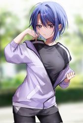 Rule 34 | 1girl, blue hair, blurry, blurry background, blush, brown eyes, chigusa minori, closed mouth, corrupted twitter file, day, highres, jacket, looking at viewer, open clothes, open jacket, original, outdoors, shirt, short hair, short shorts, shorts, sky, solo, standing, sweat, t-shirt, tree